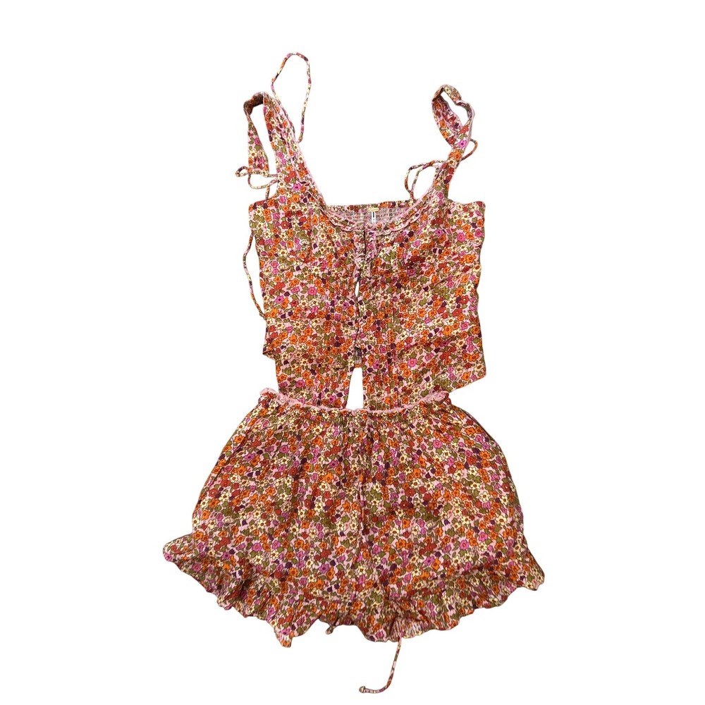 Free People Set Womens XS Pink Floral Tie Strap Cutout Elastic Waist Boho